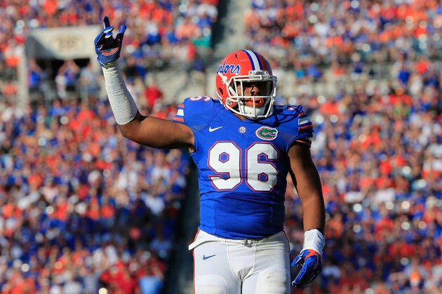 JACKSONVILLE, FL - OCTOBER 31:  Cece Jefferson #96 of the Florida Gators asks the crowd for noise during the game against the Georgia Bulldogs at EverBank Field on October 31, 2015 in Jacksonville, Florida.  (Photo by Sam Greenwood/Getty Images)
