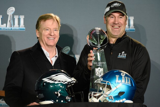 BLOOMINGTON, MN - FEBRUARY 05: NFL Commissioner Roger Goodell poses for a photo with head coach Doug Pederson of the Philadelphia Eagles and the Vince Lombardi Trophy during Super Bowl LII media availability on February 5, 2018 at Mall of America in Bloomington, Minnesota. The Philadelphia Eagles defeated the New England Patriots in Super Bowl LII 41-33 on February 4th. (Photo by Hannah Foslien/Getty Images)