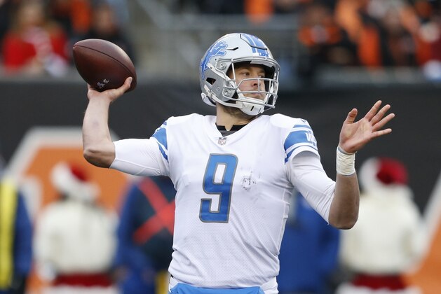 Detroit Lions quarterback Matthew Stafford throws during the first half of an NFL football game against the Cincinnati Bengals, Sunday, Dec. 24, 2017, in Cincinnati. (AP Photo/Gary Landers)
