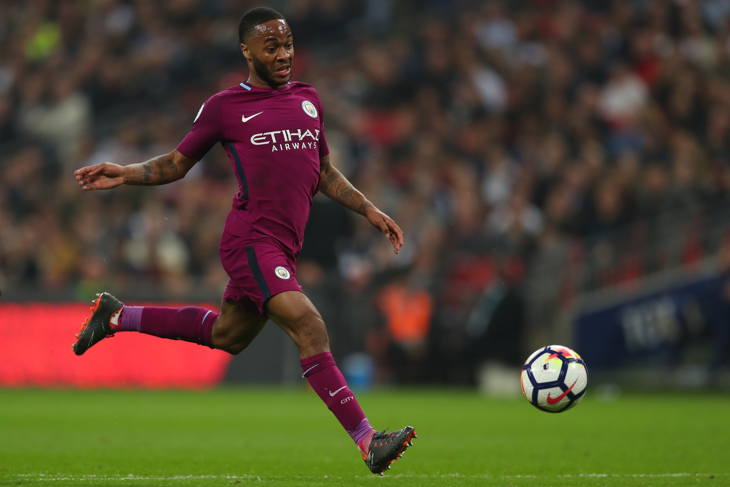 LONDON, ENGLAND - APRIL 14: Raheem Sterling of Manchester City during the Premier League match between Tottenham Hotspur and Manchester City at Wembley Stadium on April 14, 2018 in London, England. (Photo by Catherine Ivill/Getty Images) LONDON, ENGLAND - APRIL 14: Raheem Sterling of Manchester City during the Premier League match between Tottenham Hotspur and Manchester City at Wembley Stadium on April 14, 2018 in London, England. (Photo by Catherine Ivill/Getty Images)