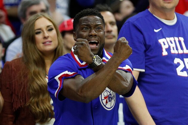 Kevin Hart reacts during the first half in Game 2 of a first-round NBA basketball playoff series between the Miami Heat and the Philadelphia 76ers, Monday, April 16, 2018, in Philadelphia. The Heat won 113-103. (AP Photo/Chris Szagola)