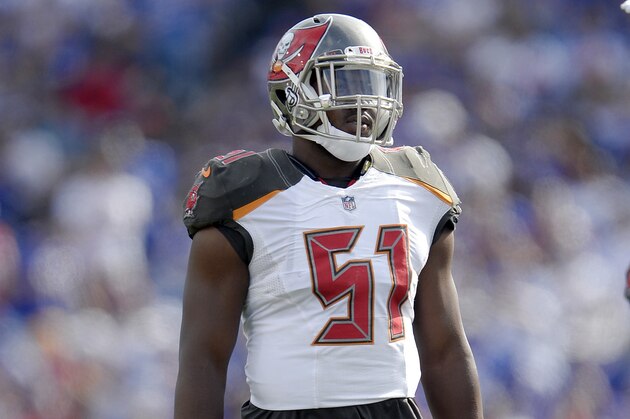 Tampa Bay Buccaneers linebacker Kendell Beckwith (51) waits between plays during the first half of an NFL football game against the Buffalo Bills, Sunday, Oct. 22, 2017, in Orchard Park, N.Y. The Bills beat the Buccaneers 30-27. (AP Photo/Adrian Kraus)