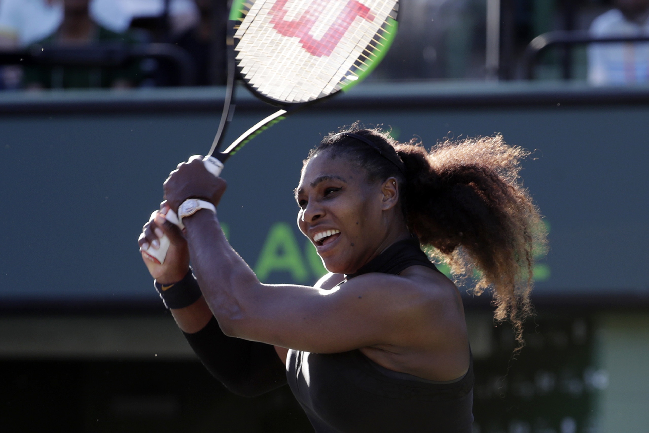 Serena Williams returns to Naomi Osaka of Japan, during the Miami Open tennis tournament, Wednesday, March 21, 2018, in Key Biscayne, Fla. Osaka won 6-3, 6-2. (AP Photo/Lynne Sladky) Serena Williams returns to Naomi Osaka of Japan, during the Miami Open tennis tournament, Wednesday, March 21, 2018, in Key Biscayne, Fla. Osaka won 6-3, 6-2. (AP Photo/Lynne Sladky)
