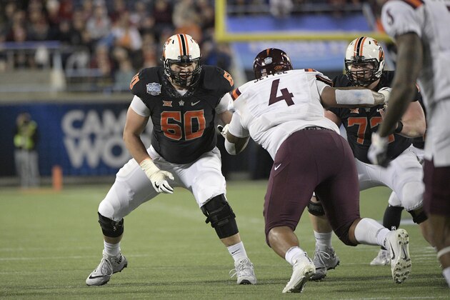 Oklahoma State offensive lineman Zachary Crabtree (60) sets up to block in front of Virginia Tech defensive tackle Tim Settle (4) during the first half of the Camping World Bowl NCAA college football game Thursday, Dec. 28, 2017, in Orlando, Fla. (AP Photo/Phelan M. Ebenhack)