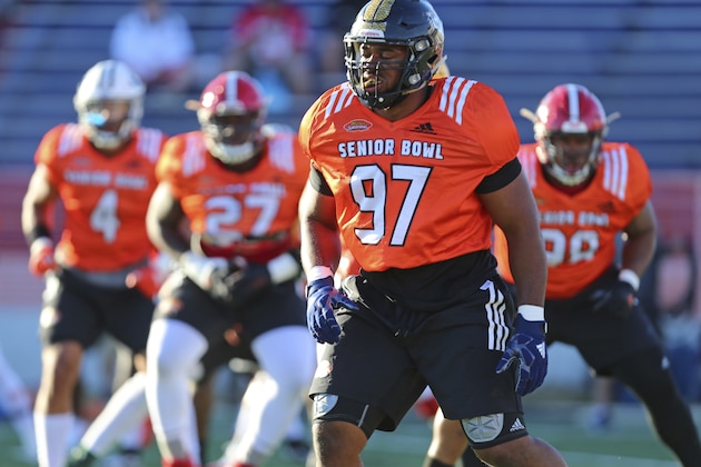North Squad defensive tackle Nathan Shepherd of Fort Hays State (97) in action during the North's team college football practice for Saturday's Senior Bowl, Tuesday, Jan. 23, 2018, in Mobile, Ala. (AP Photo/Butch Dill)