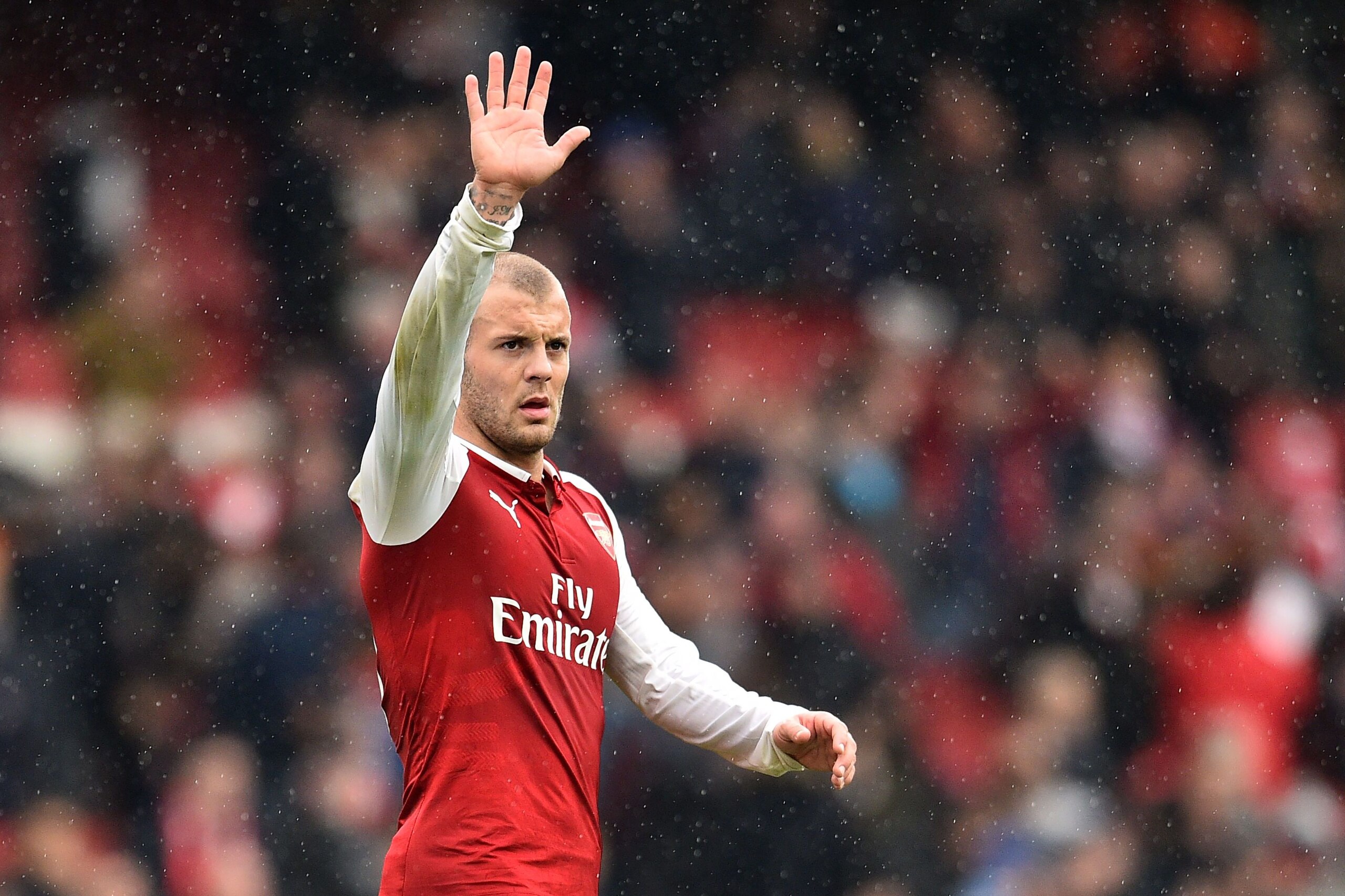 Arsenal's English midfielder Jack Wilshere reacts at the final whistle during the English Premier League football match between Arsenal and Southampton at the Emirates Stadium in London on April 8, 2018.  / AFP PHOTO / Glyn KIRK / RESTRICTED TO EDITORIAL USE. No use with unauthorized audio, video, data, fixture lists, club/league logos or 'live' services. Online in-match use limited to 75 images, no video emulation. No use in betting, games or single club/league/player publications.  /         (Photo credit should read GLYN KIRK/AFP/Getty Images)