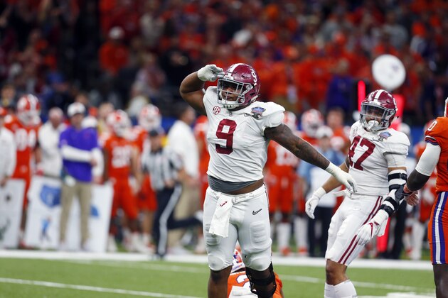 Alabama defensive lineman Da'Shawn Hand (9) celebrates his sack in the second half of the Sugar Bowl semi-final playoff game against Clemson for the NCAA college football national championship, in New Orleans, Monday, Jan. 1, 2018. (AP Photo/Butch Dill)