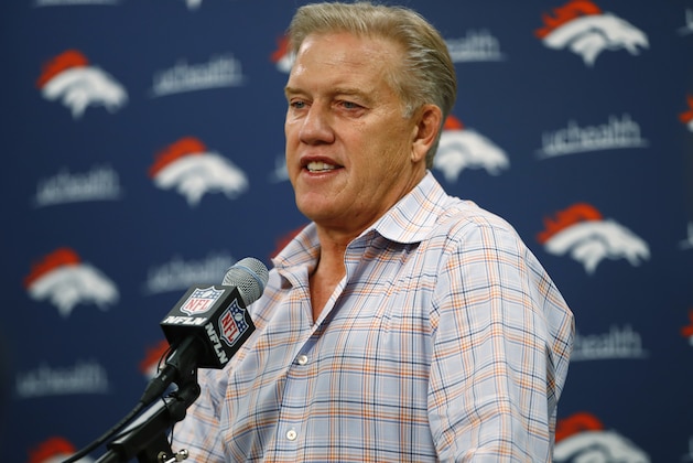 Denver Broncos general manager John Elway speaks about Case Keenum during an NFL football news conference introducing Keenum as the team's new starting quarterback, Friday, March 16, 2018, at the team's headquarters in Englewood, Colo. (AP Photo/David Zalubowski)