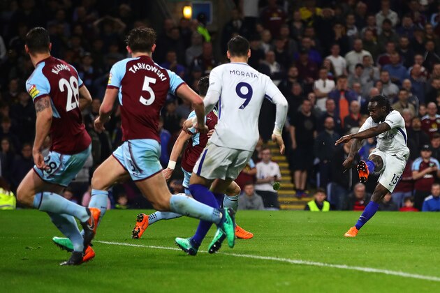 BURNLEY, ENGLAND - APRIL 19: Victor Moses of Chelsea scores his side's second goal during the Premier League match between Burnley and Chelsea at Turf Moor on April 19, 2018 in Burnley, England. (Photo by Chris Brunskill Ltd/Getty Images)