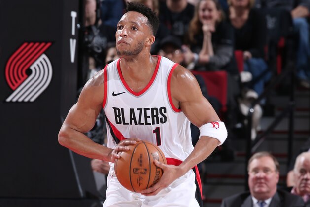 PORTLAND, OR - APRIL 14: Evan Turner #1 of the Portland Trail Blazers passes the ball during the game against the New Orleans Pelicans in Game One of Round One of the 2018 NBA Playoffs on April 14, 2018 at the Moda Center in Portland, Oregon. NOTE TO USER: User expressly acknowledges and agrees that, by downloading and or using this Photograph, user is consenting to the terms and conditions of the Getty Images License Agreement. Mandatory Copyright Notice: Copyright 2018 NBAE (Photo by Sam Forencich/NBAE via Getty Images)