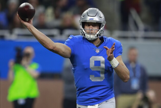 Detroit Lions quarterback Matthew Stafford (9) throws a pass against the Minnesota Vikings during an NFL football game, Thursday, Nov. 23, 2017, in Detroit. The Vikings won the game 30-23. (Jeff Haynes/AP Images for Panini)