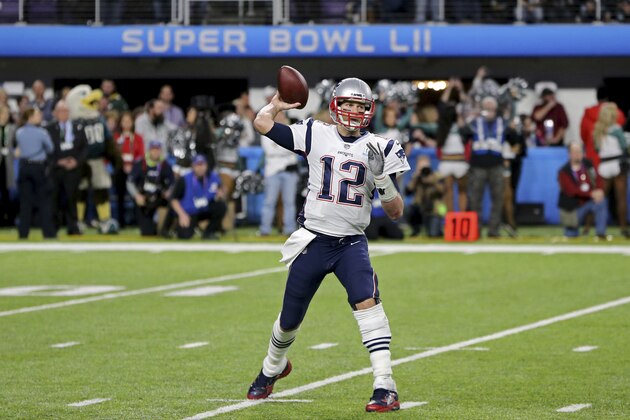New England Patriots quarterback Tom Brady in action against the Philadelphia Eagles at Super Bowl 52 on Sunday, February 4, 2018 in Minneapolis. Philadelphia won the game 41-33.(AP Photo/Gregory Payan) New England Patriots quarterback Tom Brady in action against the Philadelphia Eagles at Super Bowl 52 on Sunday, February 4, 2018 in Minneapolis. Philadelphia won the game 41-33.(AP Photo/Gregory Payan)