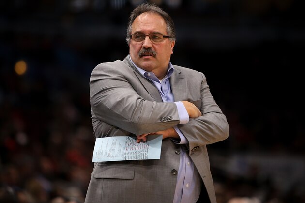 CHICAGO, IL - APRIL 11:  Head coach Stan Van Gundy of the Detroit Pistons reacts in the first quarter against the Chicago Bulls at the United Center on April 11, 2018 in Chicago, Illinois. NOTE TO USER: User expressly acknowledges and agrees that, by downloading and or using this photograph, User is consenting to the terms and conditions of the Getty Images License Agreement. (Dylan Buell/Getty Images) *** Local Caption *** Stan Van Gundy