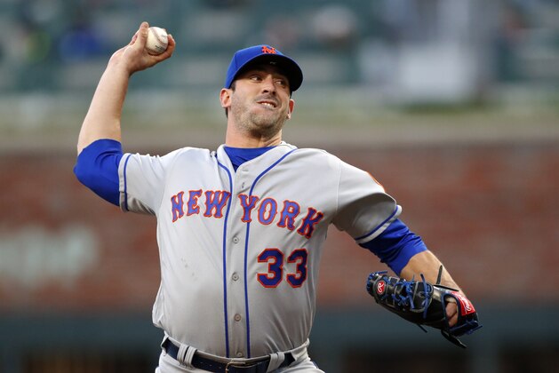 New York Mets starting pitcher Matt Harvey works in the first inning of the team's baseball game against the Atlanta Braves on Thursday, April 19, 2018, in Atlanta. (AP Photo/John Bazemore)