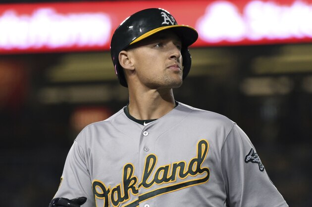 Oakland Athletics' Trayce Thompson in action during a baseball game against the Los Angeles Dodgers, Wednesday, April 11, 2018, in Los Angeles. (AP Photo/Michael Owen Baker)