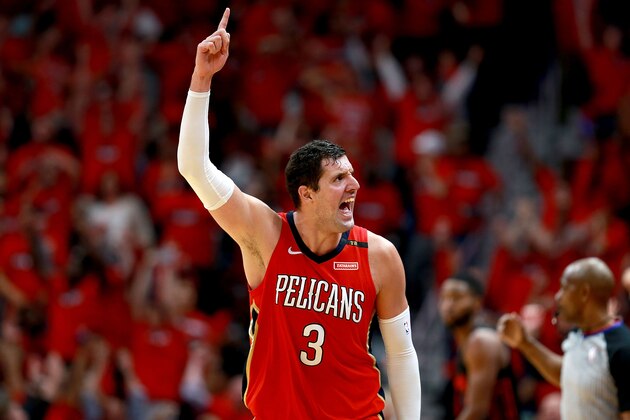 NEW ORLEANS, LA - APRIL 19:  Nikola Mirotic #3 of the New Orleans Pelicans reacts after scoring a three pointer during Game 3 of the Western Conference playoffs against the Portland Trail Blazers at the Smoothie King Center on April 19, 2018 in New Orleans, Louisiana. NOTE TO USER: User expressly acknowledges and agrees that, by downloading and or using this photograph, User is consenting to the terms and conditions of the Getty Images License Agreement.  (Photo by Sean Gardner/Getty Images)