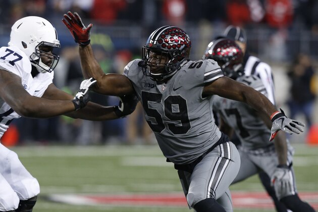 Ohio State defensive lineman Tyquan Lewis plays against Penn State during an NCAA college football game Saturday, Oct. 28, 2017, in Columbus, Ohio. (AP Photo/Jay LaPrete)