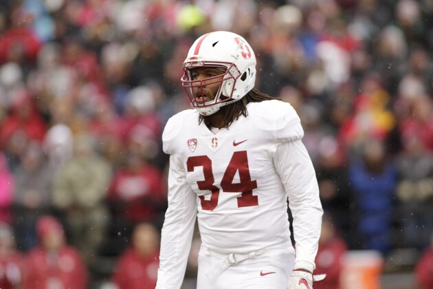 Stanford linebacker Peter Kalambayi (34) stands on the field during the second half of an NCAA college football game against Washington State in Pullman, Wash., Saturday, Nov. 4, 2017. (AP Photo/Young Kwak)