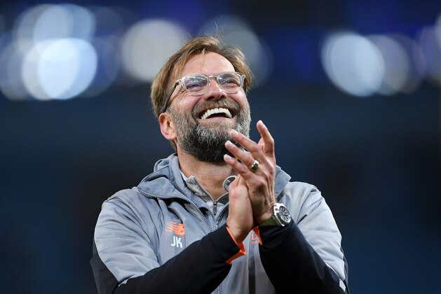 MANCHESTER, ENGLAND - APRIL 10:  Jurgen Klopp of Liverpool applauds the fans after victory in the Quarter Final Second Leg match between Manchester City and Liverpool at Etihad Stadium on April 10, 2018 in Manchester, England.  (Photo by Laurence Griffiths/Getty Images,)