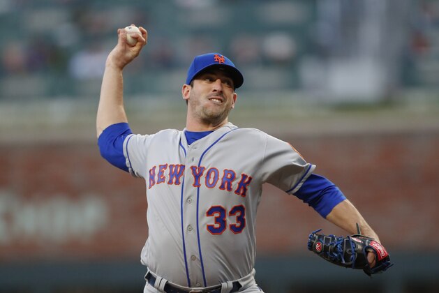 New York Mets starting pitcher Matt Harvey (33) works against the Atlanta Braves in the first inning of a baseball game Thursday, April 19, 2018, in Atlanta. (AP Photo/John Bazemore)