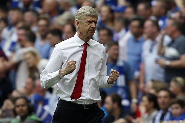 Arsenal's French manager Arsene Wenger reacts to their first goal on the touchline during the English FA Cup final football match between Arsenal and Chelsea at Wembley stadium in London on May 27, 2017. / AFP PHOTO / Ian KINGTON / NOT FOR MARKETING OR ADVERTISING USE / RESTRICTED TO EDITORIAL USE        (Photo credit should read IAN KINGTON/AFP/Getty Images)
