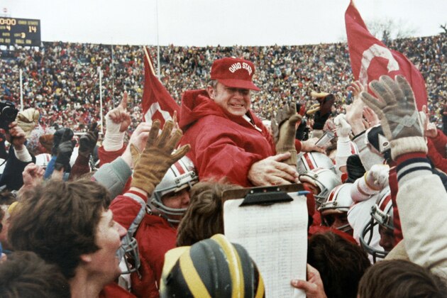 ** FILE ** Ohio State University head coach Earle Bruce is carried from the field on the shoulders of his players after Ohio State defeated Michigan 14-9 in Ann Arbor, Michigan, on in this Nov. 21, 1981 file photo.  Top-ranked Ohio State takes on No. 2 Michigan on Saturday, Nov. 18, 2006 in Columbus.  (AP Photo/Amy Sancetta, Columbus Dispatch)