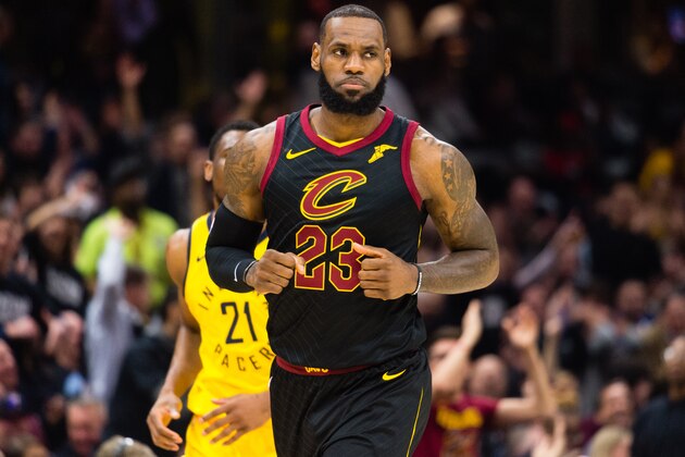 CLEVELAND, OH - APRIL 18: LeBron James runs back on defense after scoring against the Indiana Pacers during the first half of Game 2 of the first round of the Eastern Conference playoffs at Quicken Loans Arena on April 18, 2018 in Cleveland, Ohio. NOTE TO USER: User expressly acknowledges and agrees that, by downloading and or using this photograph, User is consenting to the terms and conditions of the Getty Images License Agreement. (Photo by Jason Miller/Getty Images)