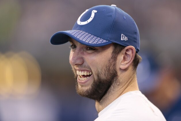 Indianapolis Colts quarterback Andrew Luck watches from the sidelines during the second half of an NFL football game against the Houston Texans, Sunday, Dec. 31, 2017, in Indianapolis. (AP Photo/AJ Mast)
