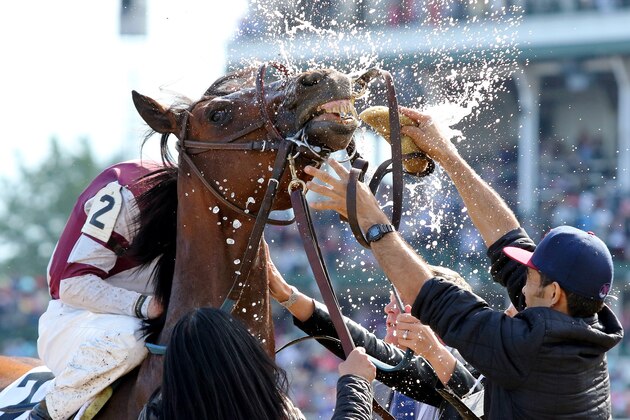 LOUISVILLE, KY - MAY 06: Julien Leparoux, aboard Divisidero #2, after winning the Woodford Reserve Turf Classic Stakes on Kentucky Derby Day at Churchill Downs on May 6, 2017 in Louisville, Kentucky. (Photo by Candice Chavez/Eclipse Sportswire/Getty Images)