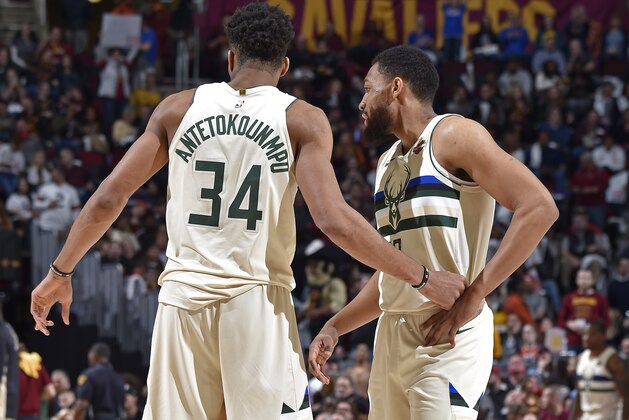 CLEVELAND, OH - MARCH 19: Giannis Antetokounmpo #34 and Jabari Parker #12 of the Milwaukee Bucks looks on during the game against the Cleveland Cavaliers on March 19, 2018 at Quicken Loans Arena in Cleveland, Ohio.  NOTE TO USER: User expressly acknowledges and agrees that, by downloading and or using this Photograph, user is consenting to the terms and conditions of the Getty Images License Agreement. Mandatory Copyright Notice: Copyright 2018 NBAE (Photo by David Liam Kyle/NBAE via Getty Images)