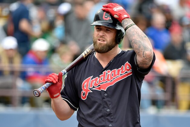 LAS VEGAS, NV - MARCH 17:  Mike Napoli #32 of the Cleveland Indians steps up to the batter's box during an exhibition game against the Chicago Cubs at Cashman Field on March 17, 2018 in Las Vegas, Nevada.  (Photo by David J. Becker/Getty Images)