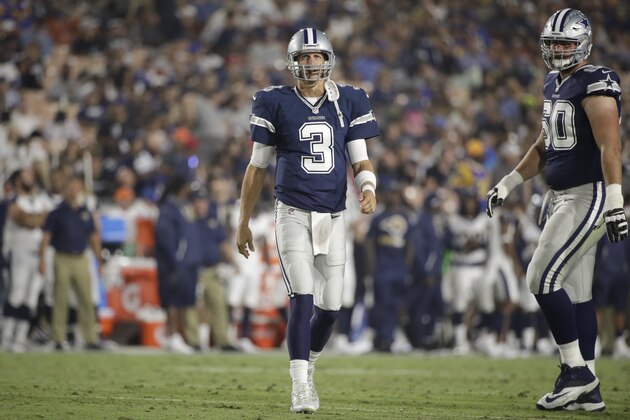 Dallas Cowboys quarterback Luke McCown (3) looks on during the second half of a preseason NFL football game against the Los Angeles Rams Saturday, Aug. 12, 2017, in Los Angeles. (AP Photo/Jae C. Hong)