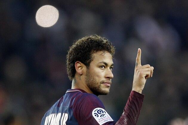 PSG's Neymar gestures during the French League One soccer match between Paris Saint Germain and Montpellier at the Parc des Princes stadium in Paris, Saturday, Jan. 27, 2018. (AP Photo/Christophe Ena)