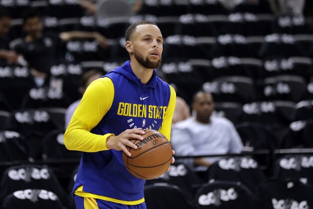 Golden State Warriors guard Stephen Curry (30) warms up before Game 3 of a first-round NBA basketball playoff series against the San Antonio Spurs on Thursday, April 19, 2018, in San Antonio. (AP Photo/Eric Gay) Golden State Warriors guard Stephen Curry (30) warms up before Game 3 of a first-round NBA basketball playoff series against the San Antonio Spurs on Thursday, April 19, 2018, in San Antonio. (AP Photo/Eric Gay)