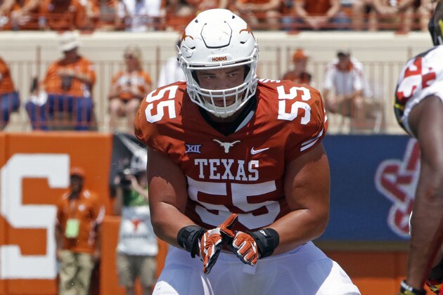 Texas offensive lineman Connor Williams (55) looks to block during the second half of an NCAA college football game against Maryland, Saturday, Sept. 2, 2017, in Austin, Texas. (AP Photo/Michael Thomas)