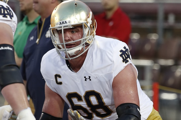 Notre Dame offensive lineman Mike McGlinchey (68) warms up before an NCAA college football game against Stanford Saturday, Nov. 25, 2017, in Stanford, Calif. (AP Photo/Tony Avelar)