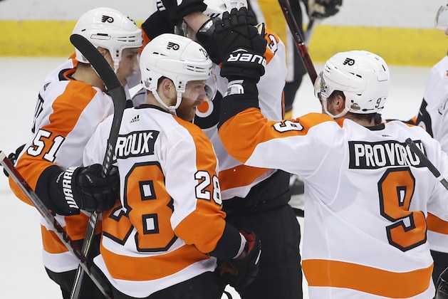 Philadelphia Flyers' Claude Giroux (28) celebrates his goal during the first period in Game 5 of an NHL first-round hockey playoff series against the Pittsburgh Penguins in Pittsburgh, Friday, April 20, 2018. (AP Photo/Gene J. Puskar)
