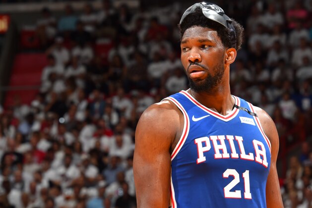 MIAMI, FL - APRIL 19:  Joel Embiid #21 of the Philadelphia 76ers looks on during the game against the Miami Heat in Game Three of Round One of the 2018 NBA Playoffs on April 19, 2018 at American Airlines Arena in Miami, Florida. NOTE TO USER: User expressly acknowledges and agrees that, by downloading and or using this Photograph, user is consenting to the terms and conditions of the Getty Images License Agreement. Mandatory Copyright Notice: Copyright 2018 NBAE (Photo by Jesse D. Garrabrant/NBAE via Getty Images)
