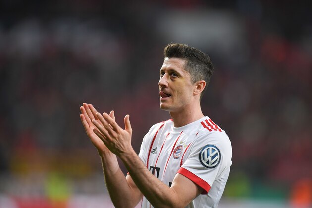 Bayern Munich's Polish forward Robert Lewandowski reacts after the German football Cup DFB Pokal semifinal match Bayer 04 Leverkusen vs Bayern Munich in Leverkusen, western Germany, on April 17, 2018. / AFP PHOTO / Patrik STOLLARZ / RESTRICTIONS: ACCORDING TO DFB RULES IMAGE SEQUENCES TO SIMULATE VIDEO IS NOT ALLOWED DURING MATCH TIME. MOBILE (MMS) USE IS NOT ALLOWED DURING AND FOR FURTHER TWO HOURS AFTER THE MATCH. == RESTRICTED TO EDITORIAL USE == FOR MORE INFORMATION CONTACT DFB DIRECTLY AT +49 69 67880

 /         (Photo credit should read PATRIK STOLLARZ/AFP/Getty Images)