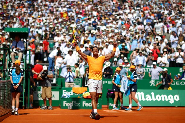 MONTE-CARLO, MONACO - APRIL 21:  Rafael Nadal of Spain celebrates his victory after his men's Semi-Final match against Grigor Dimitrov of Bulgaria during day seven of ATP Masters Series: Monte Carlo Rolex Masters at Monte-Carlo Sporting Club on April 21, 2018 in Monte-Carlo, Monaco.  (Photo by Julian Finney/Getty Images)