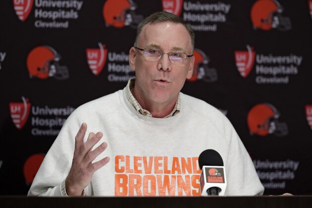 Cleveland Browns general manager John Dorsey answers questions about the draft during a news conference at the NFL football team's training camp facility, Thursday, April 19, 2018, in Berea, Ohio. (AP Photo/Tony Dejak)