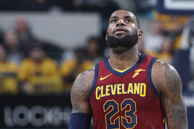 INDIANAPOLIS, IN - APRIL 20: LeBron James #23 of the Cleveland Cavaliers reacts in the second half of game three of the NBA Playoffs against the Indiana Pacers at Bankers Life Fieldhouse on April 20, 2018 in Indianapolis, Indiana. The Pacers won 92-90. NOTE TO USER: User expressly acknowledges and agrees that, by downloading and or using the photograph, User is consenting to the terms and conditions of the Getty Images License Agreement. (Photo by Joe Robbins/Getty Images)
