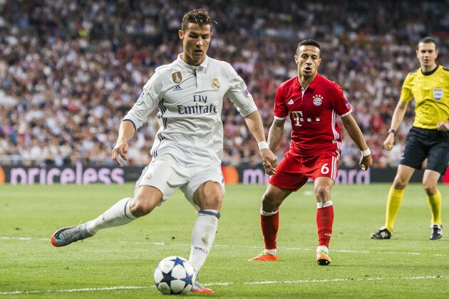MADRID, SPAIN - APRIL 18: Cristiano Ronaldo of Real Madrid in action during their 2016-17 UEFA Champions League Quarter-finals second leg match between Real Madrid and FC Bayern Munich at the Estadio Santiago Bernabeu on 18 April 2017 in Madrid, Spain. (Photo by Power Sport Images/Getty Images)