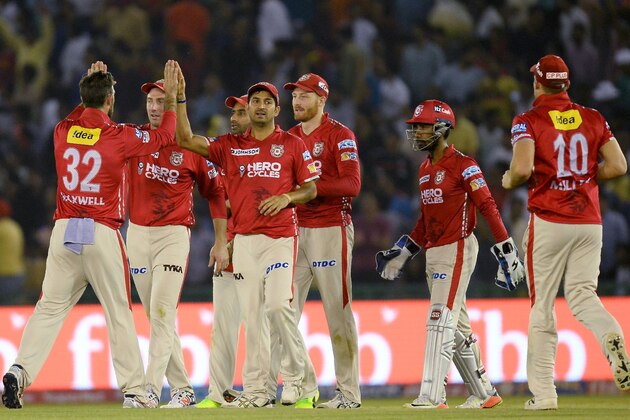 Kings XI Punjab team players celebrates the dismissal of Gujarat Lions batsman Dwayne Smith during the 2017 Indian Premier League (IPL) Twenty20 cricket match between Kings XI Punjab and Gujarat Lions at The Punjab Cricket Association Stadium in Mohali on May 7, 2017. ----IMAGE RESTRICTED TO EDITORIAL USE - STRICTLY NO COMMERCIAL USE----- GETTYOUT / AFP PHOTO / SAJJAD HUSSAIN        (Photo credit should read SAJJAD HUSSAIN/AFP/Getty Images)