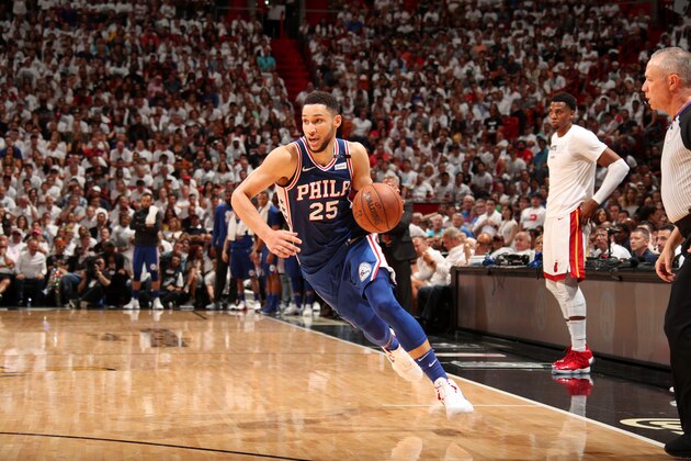 MIAMI, FL - APRIL 21: Ben Simmons #25 of the Philadelphia 76ers handles the ball against the Miami Heat in Game Four of the Eastern Conference Quarterfinals during the 2018 NBA Playoffs on April 21, 2018 at American Airlines Arena in Miami, Florida. NOTE TO USER: User expressly acknowledges and agrees that, by downloading and/or using this photograph, user is consenting to the terms and conditions of the Getty Images License Agreement. Mandatory Copyright Notice: Copyright 2018 NBAE (Photo by Issac Baldizon/NBAE via Getty Images)