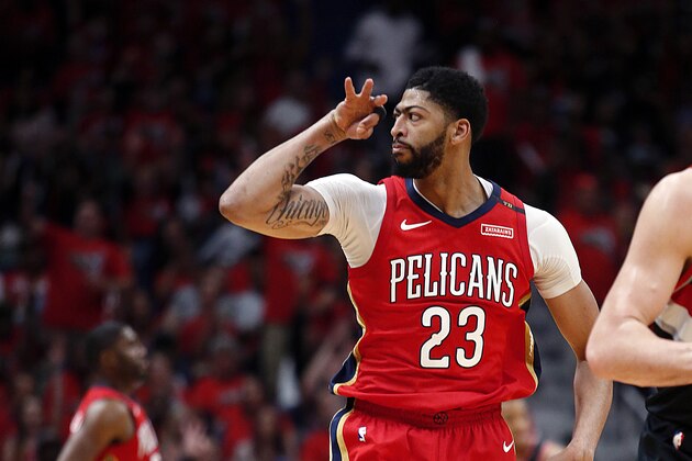 New Orleans Pelicans forward Anthony Davis reacts after making a 3-point shot during the first half of Game 4 of the team's first-round NBA basketball playoff series against the Portland Trail Blazers in New Orleans, Saturday, April 21, 2018. (AP Photo/Scott Threlkeld)