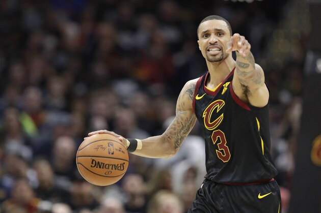 Cleveland Cavaliers' George Hill drives against the Indiana Pacers in the first half of Game 1 of an NBA basketball first-round playoff series, Sunday, April 15, 2018, in Cleveland. (AP Photo/Tony Dejak)