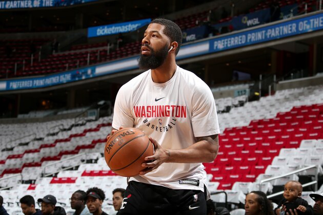 WASHINGTON, DC - APRIL 20:  Markieff Morris #5 of the Washington Wizards warms up before the game against the Toronto Raptors in Game Three of Round One of the 2018 NBA Playoffs on April 20, 2018 at Capital One Arena in Washington, DC. NOTE TO USER: User expressly acknowledges and agrees that, by downloading and/or using this photograph, user is consenting to the terms and conditions of the Getty Images License Agreement. Mandatory Copyright Notice: Copyright 2018 NBAE (Photo by Ned Dishman/NBAE via Getty Images)