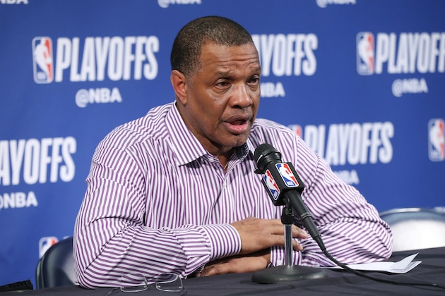 NEW ORLEANS, LA - APRIL 21: Head Coach Alvin Gentry of the New Orleans Pelicans speaks during the post-game press conference after Game Four of Round One against the Portland Trail Blazers of the 2018 NBA Playoffs on April 21, 2018 at Smoothie King Center in New Orleans, Louisiana. NOTE TO USER: User expressly acknowledges and agrees that, by downloading and or using this Photograph, user is consenting to the terms and conditions of the Getty Images License Agreement. Mandatory Copyright Notice: Copyright 2018 NBAE (Photo by Layne Murdoch/NBAE via Getty Images)