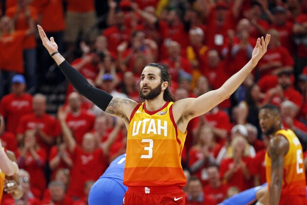 Utah Jazz guard Ricky Rubio (3) reacts after being fouled as he shot a three-point basket against the Oklahoma City Thunder in the first half during Game 3 of an NBA basketball first-round playoff series Saturday, April 21, 2018, in Salt Lake City. (AP Photo/Rick Bowmer)